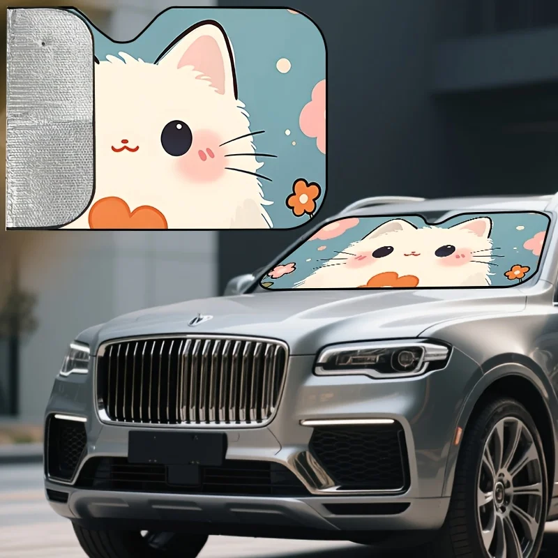 Charming Feline-Themed Car Sunshade for The Front Window Lovely Floral Design Provides Sun Protection for The Dashboard