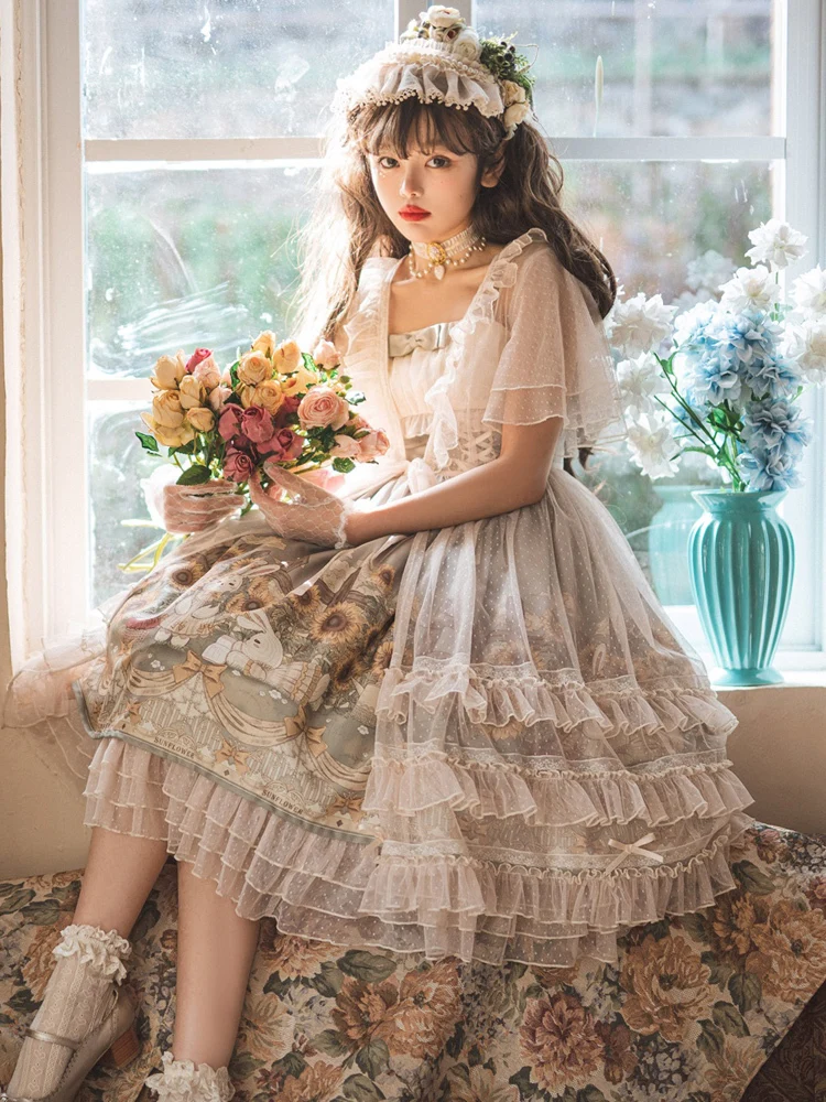 Japanese Sweet Kawaii Jsk Lolita Dress Women Vintage Victorian Sunflower Story Jsk Cartoon Summer Bow Fresh Tea Party Dresses