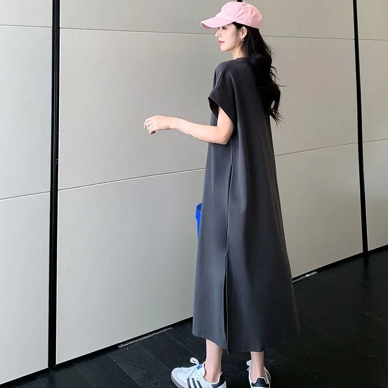 한국 스타일 반팔 프린트 드레스 미디 길이 사이드 슬릿 패션 플러스 사이즈 여성 의류 맥시 드레스 티셔츠 롱 드레스