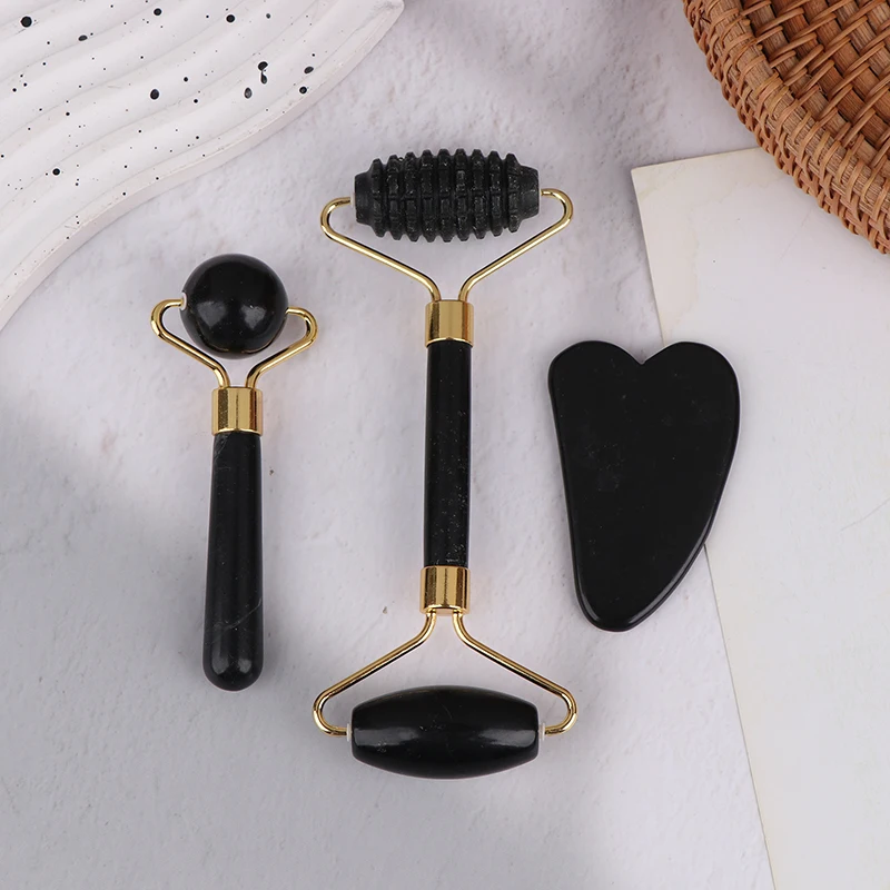 3Pcs Natural Jade Roller Massager For Face Body Back Foot Massage Roller Facial Lifting Anti-wrinkle Double-end Gua Sha Jade