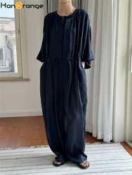 HanOrange 2024 Summer Lazy Slightly Transparent Lyocell Linen Jumpsuit women Comfortable Breathable Loose Casual Jumpsuit Navy