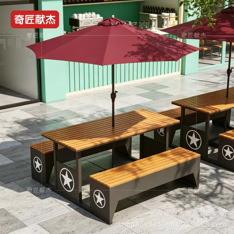 Black Mesh One Piece Plastic Wood Table and Chairs Set for Cafe Outdoor Patio Balcony Commercial Leisure Dining Furniture