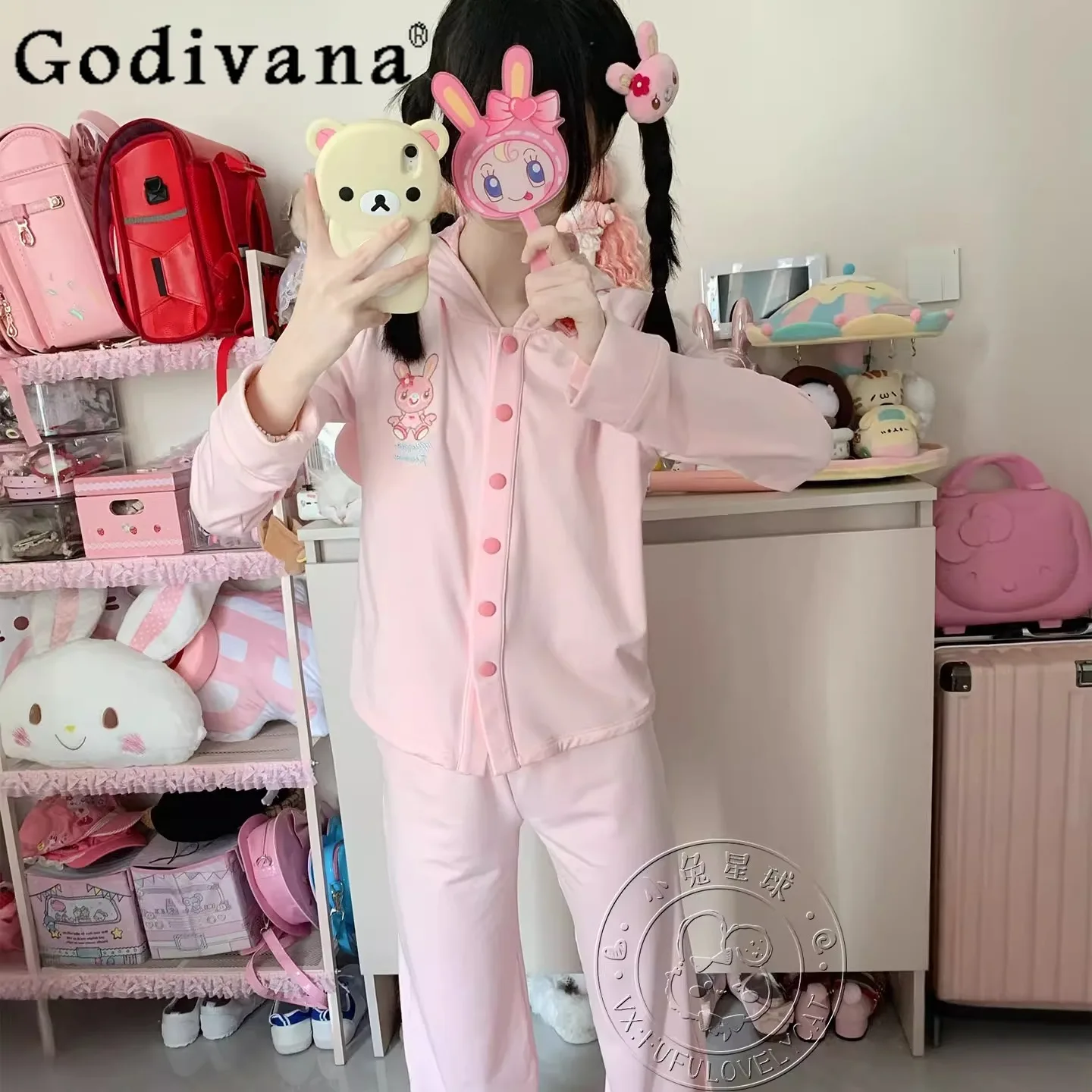 

Original Cute Girls Pink Pajama Sets Spring and Autumn Japanese Soft Girls Kawaii Print Homewear Woman's Y2K Casual Pajamas