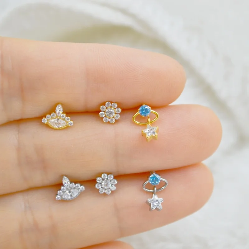 10pcs 16G G23 Astm F136 Flowers Star CZ  Internal Thread Lip Labret Bar Ear Helix Tragus Rook Barbells Stud Piercing Jewelry