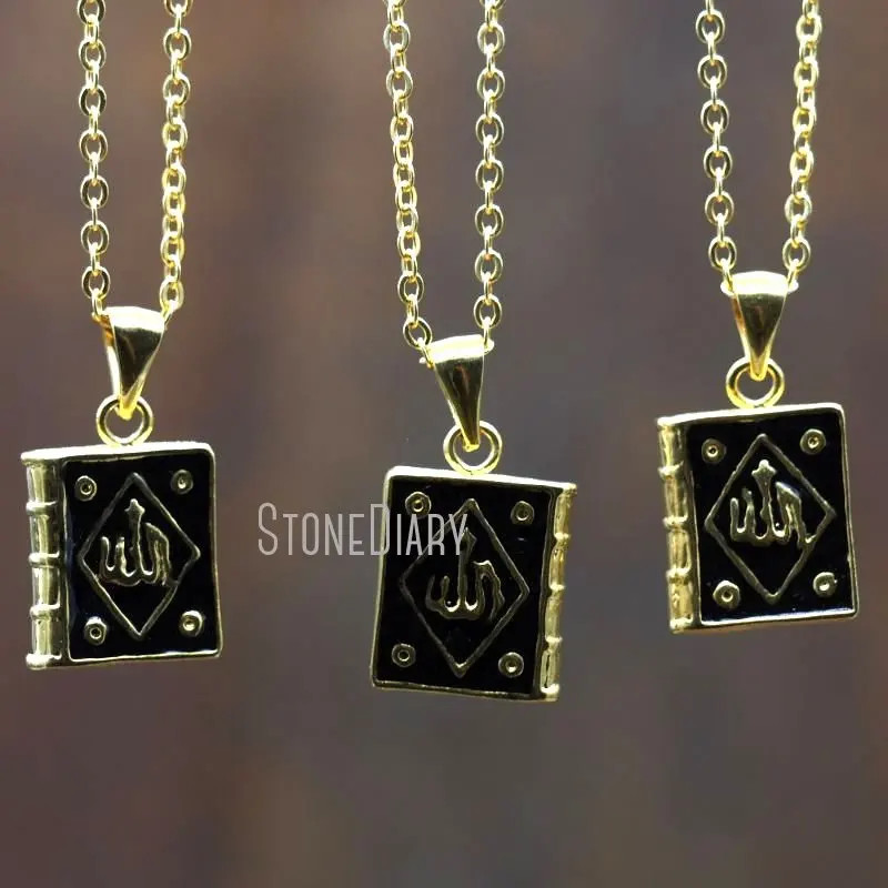 NM7057 Black Enamel Book Shape Pendant Gold Plated Chain Necklace Allah Muslim Eid Islam Religious Jewelry