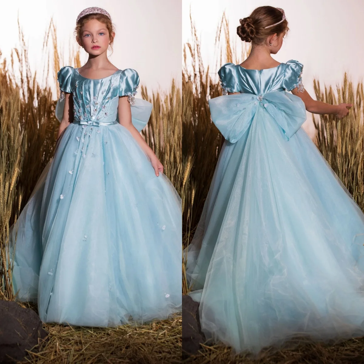 

Blue Flower Girl Dresses for Wedding With Bow Lace Appliques Baby Girl Prom Gown for Photoshoot First Communion Gown Customized