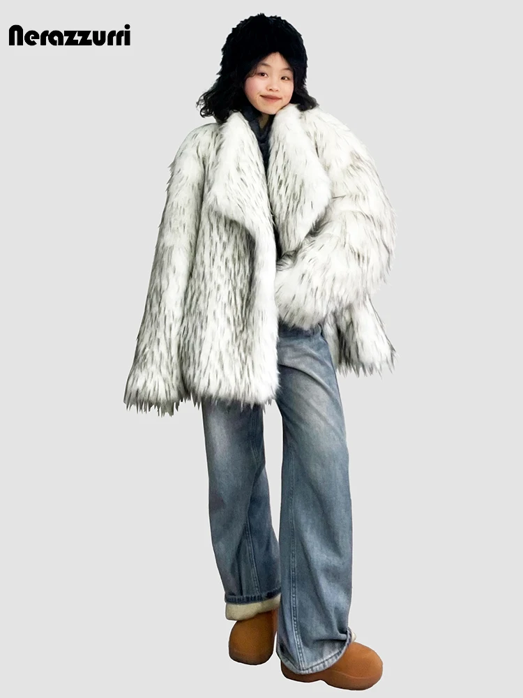 Nerazzurri Winter Oversized Thick Warm Shaggy Hairy White Faux Fox Fur Coat Women Luxury Designer Clothes Fluffy Jacket 2024