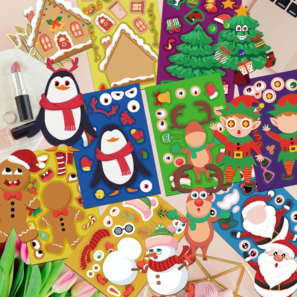 8 قطع الكرتون عيد الميلاد ملصق البطريق الزنجبيل رجل ثلج عيد الميلاد منزل شجرة عيد الميلاد DIY مهرجان هدية ملصق #1