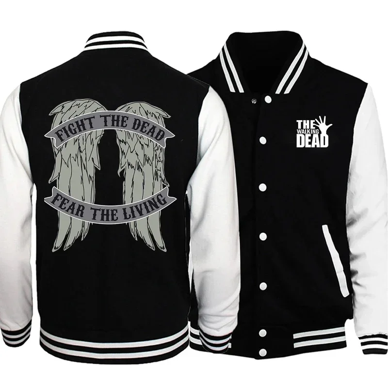 The Walking Dead Prints Wings Mens Jackets Hip Hop Fashion Loose Bomber Jackets  Men Personality Fleece Autumn Baseball Uniform