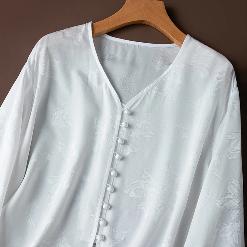 Damska jedwabna koszula 100% jedwab morwowy 20 momme biała żakardowa jedwabna bluzka z chińskimi guzikami, długi rękaw, do pracy biurowej M1453