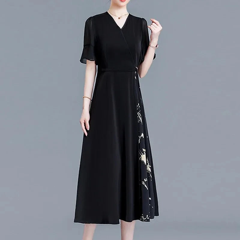 New Chinese Style Women Long Dress Fashion Short Sleeve V-Neck Elegant Dress 5XL Large Size Middle-aged Mother Black Vestidos