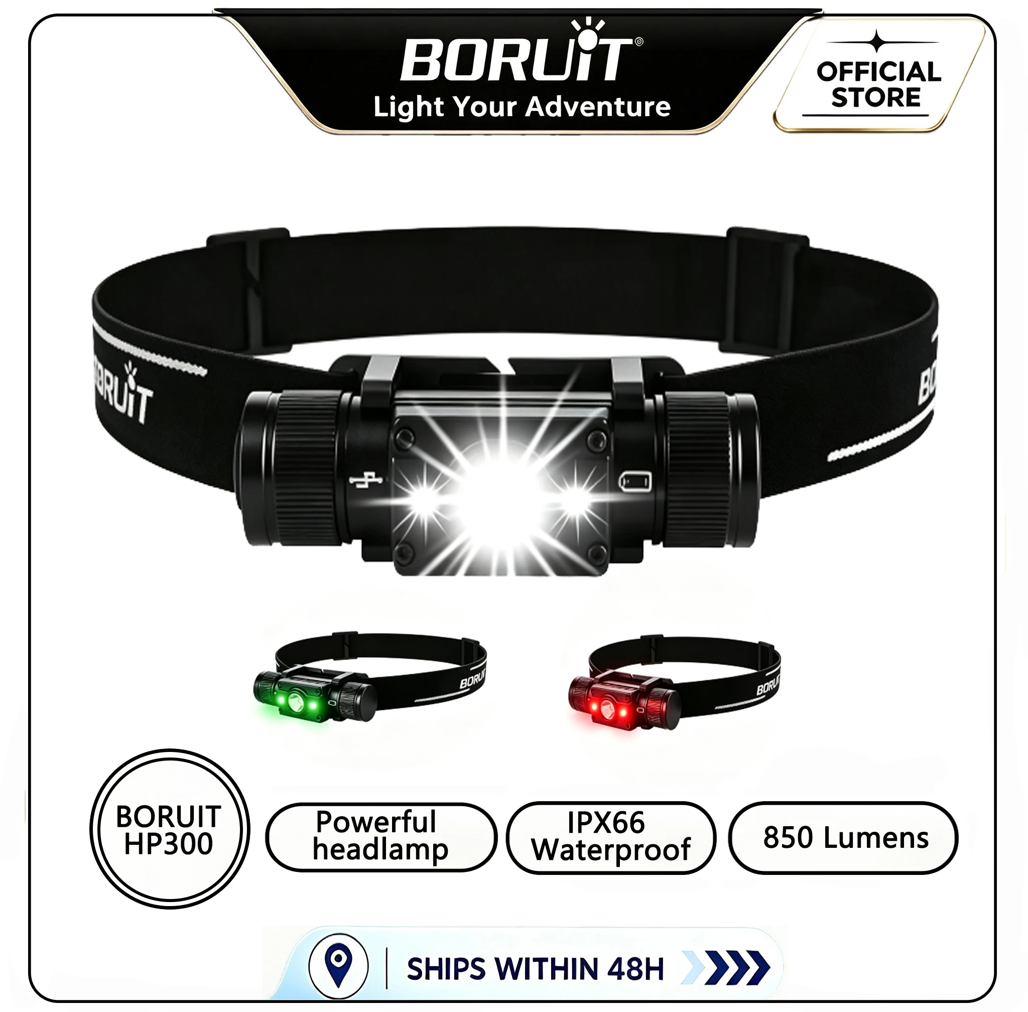 BORUiT HP300 LED Headlamp Max.850LM Powerful Headlight Type-C Rechargeable Work Light Torch Waterproof Camping Hunting Lantern