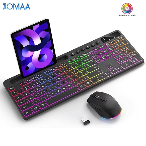 Combo de teclado y ratón inalámbricos con teclado ergonómico retroiluminado de tamaño completo con soporte para tableta y teléfono ratón 2,4G para PC y portátil