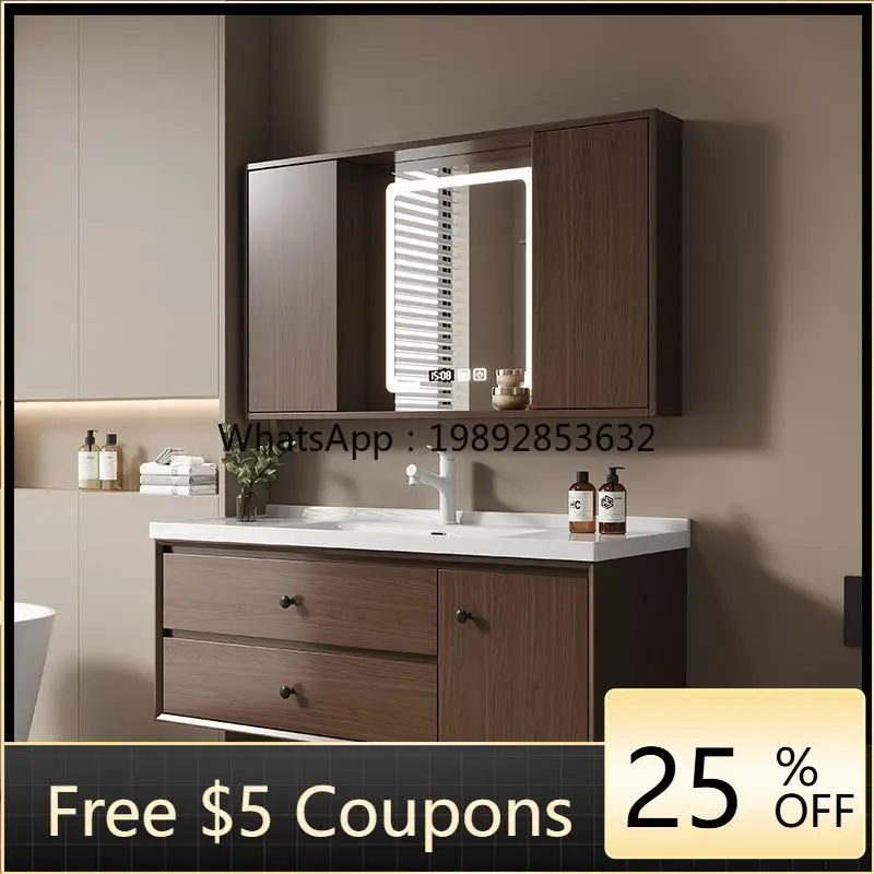 HYS walnut ceramic solid wood ancient style integrated push-pull feng shui mirror bathroom cabinet combination