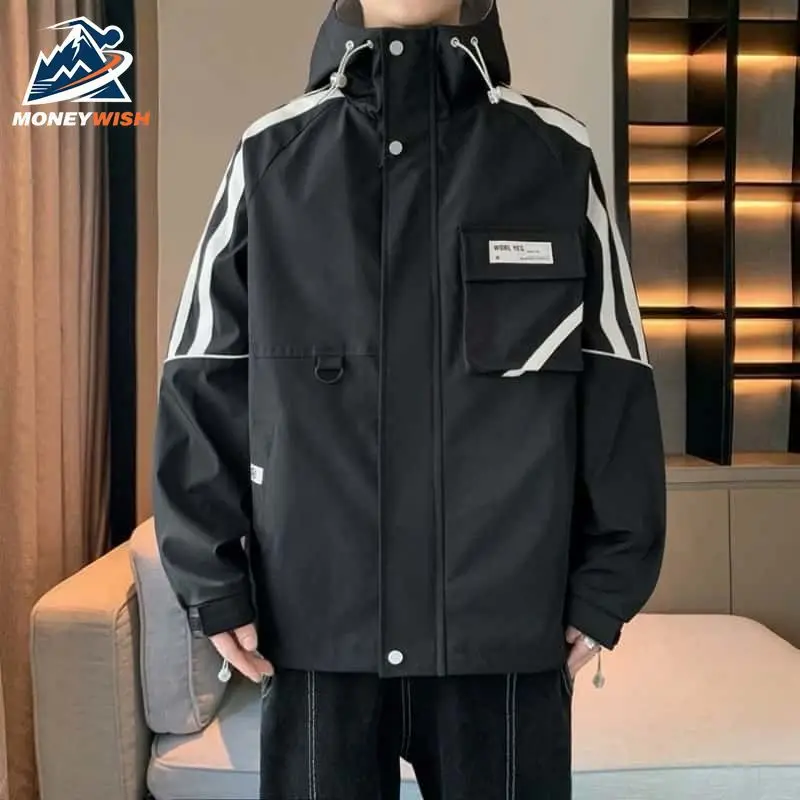 

MONEYWISH Мужская куртка 2025 Новый простой стиль ветрозащитная водонепроницаемая дышащая куртка с капюшоном уличная повседневная мужская рабочая одежда куртка на молнии