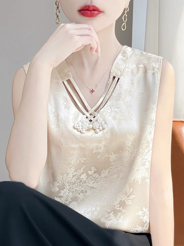 Silklike Acetate Satin Tunic Top Women's Sleeveless V-neck Innerwear Outerwear Design Sense Floral Embroidery Button Detailing