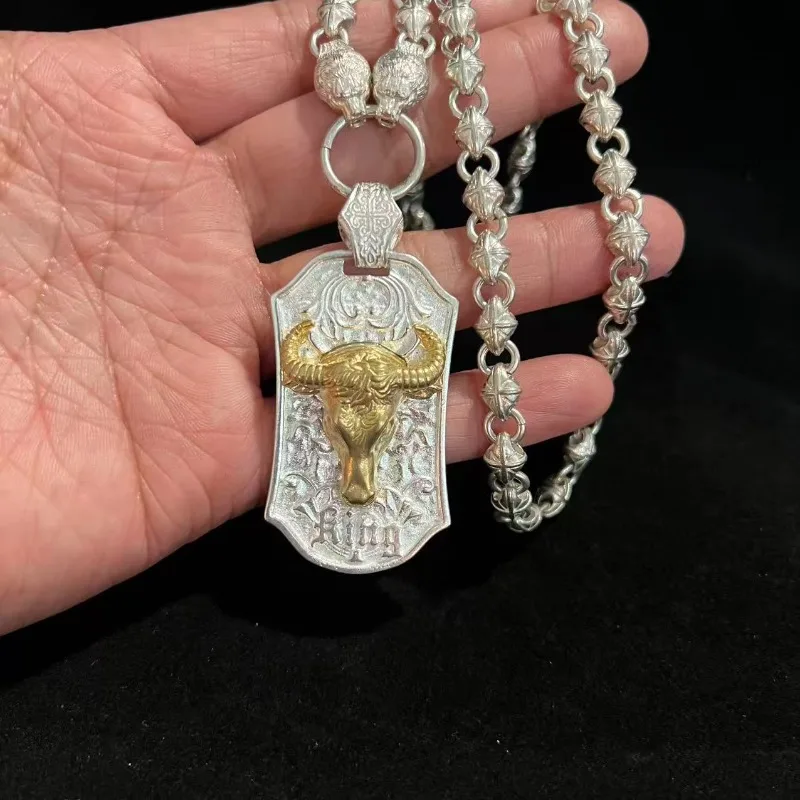 

Tibetan Silver Nepalese Handmade Sacred Cow Pendant Necklace, Ethnic Amulet for Men Women