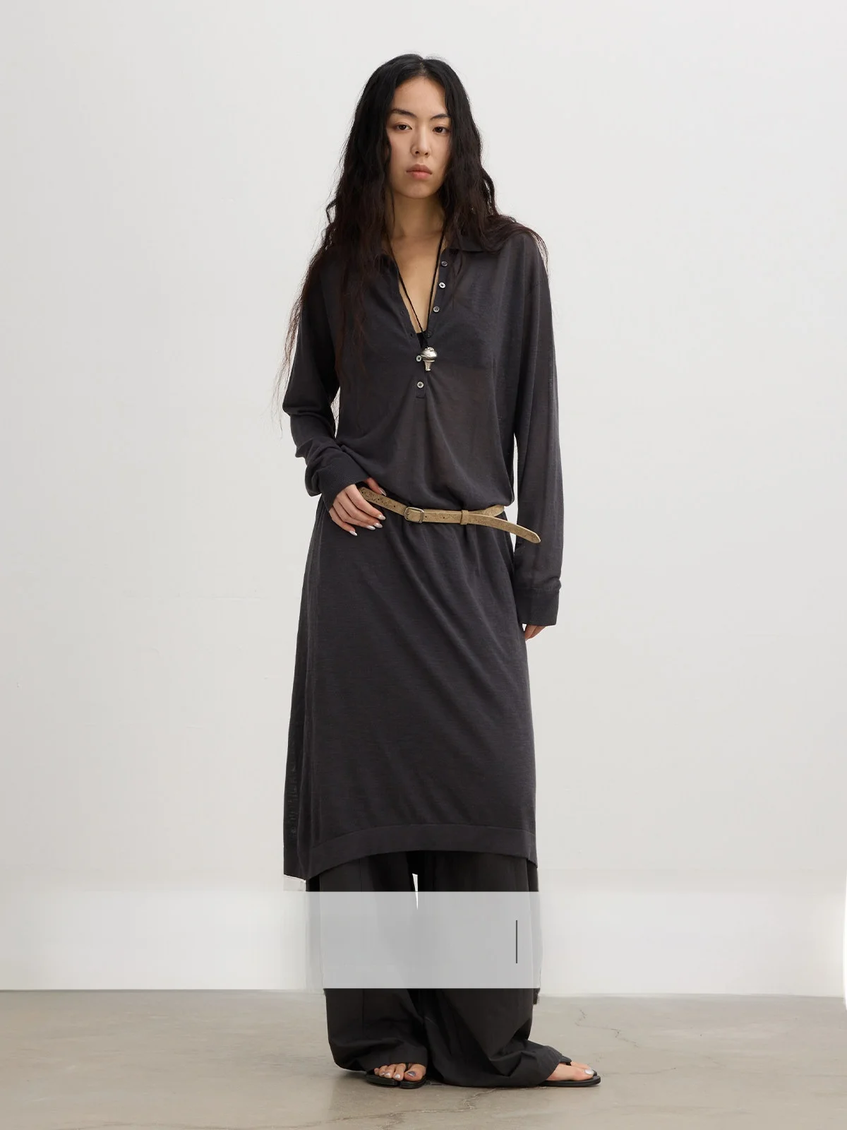 

Linen Blend Thin Transparent Texture Deep V Collar Design Loose Long Dress Cover up Women's Cleanfit Straight Tube Shirt