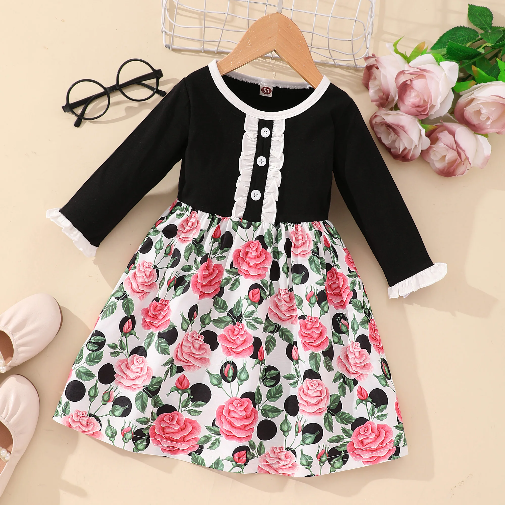 New Fall Toddler Girl Clothes Rose Flower Print Button Ruffles Patchwork Long Sleeve Party Wedding Princess Kids Girl Dress 1-6Y