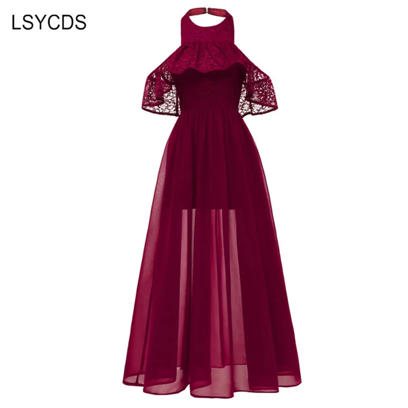 LSYCDS Halter Neck Lace Maxi Dress Sleeveless Chiffon High-end Women's Sexy Long Dress Evening Party Elegant Ladies Dress