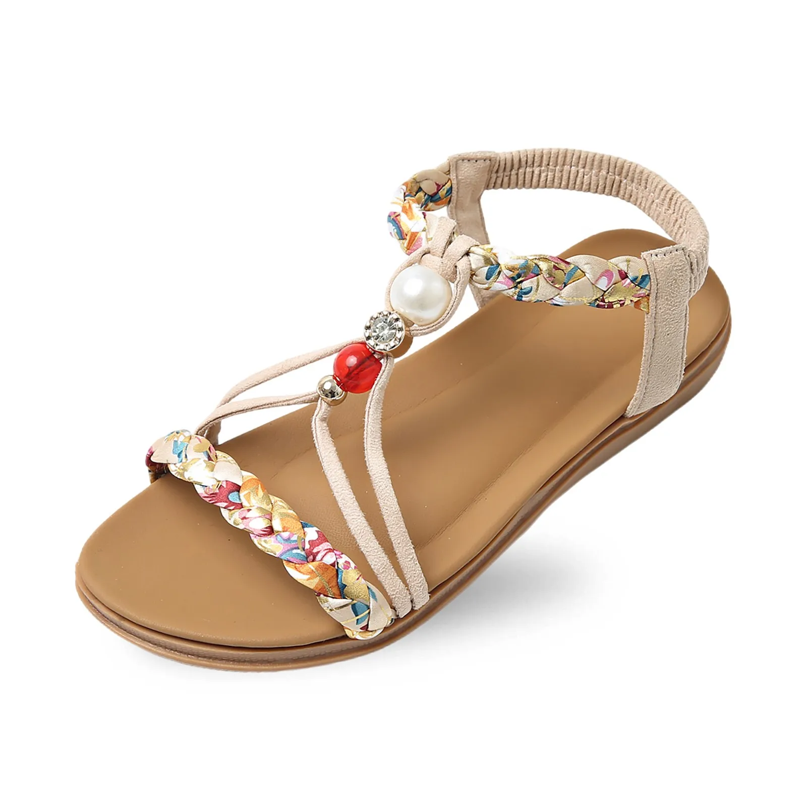 2025 ฤดูร้อนใหม่ผสมสีลูกปัดรองเท้าแตะส้นเปิดนิ้วเท้าElastic Bandรองเท้าสตรีโลหะตกแต่งcasual Plusขนาด