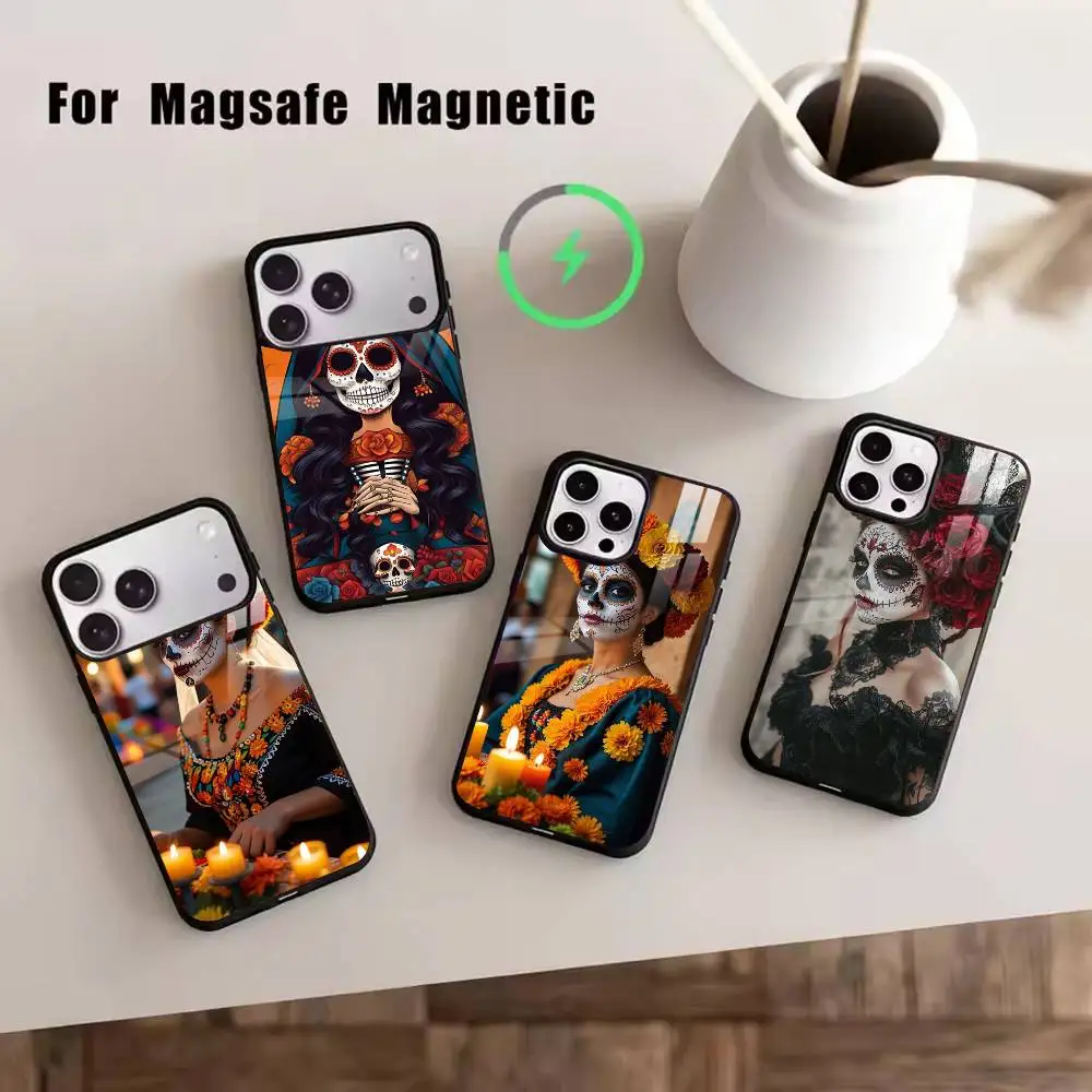 

Day of the Dead Skull Phone Case For iPhone17,16,15,14,13,12,11 Plus,Pro Magnetic For Magsafe Wireless Charging