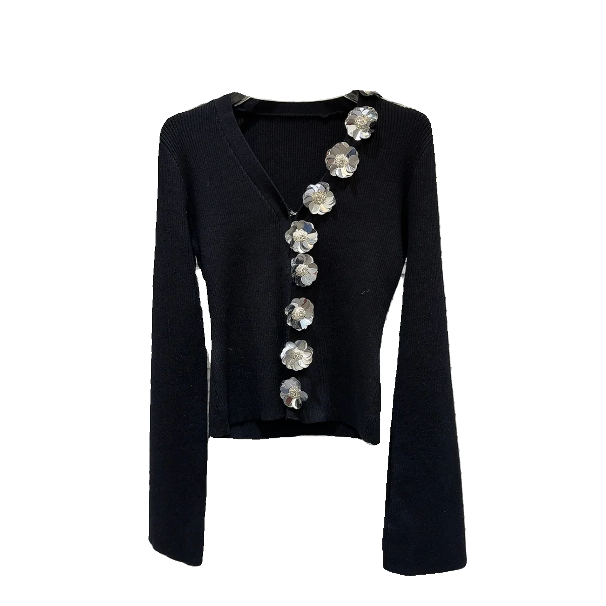 Faionable سترة مشغولة من الصوف المرأة Sle V-Ne طويلة Sve ort طول الفاخرة زهرة مزين الخريف الشتاء وصول جديد