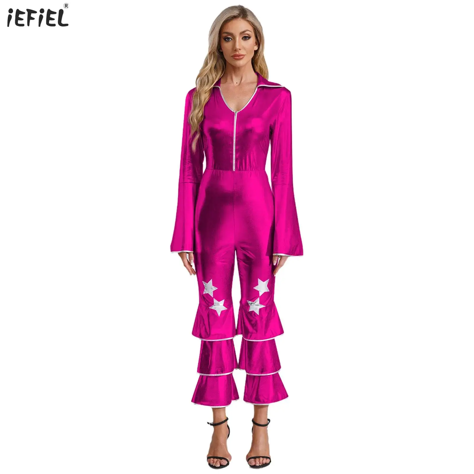 

Women 70s 80s Disco Dance Outfit Sparkle Metallic Party Bodysuit One Piece Long Sleeve Flared Jumpsuit Carnival Cosplay Costume