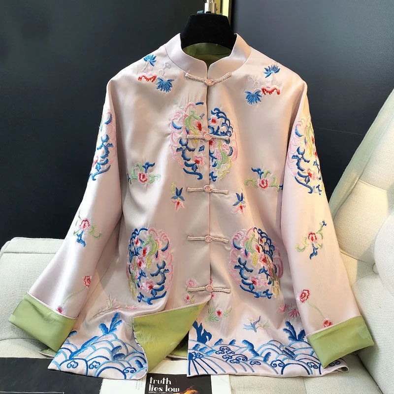 Chaqueta de estilo étnico para mujer, traje Han Retro moderno, bordado rosa, chino, Top de traje Tang, Primavera, nuevo, mejorado