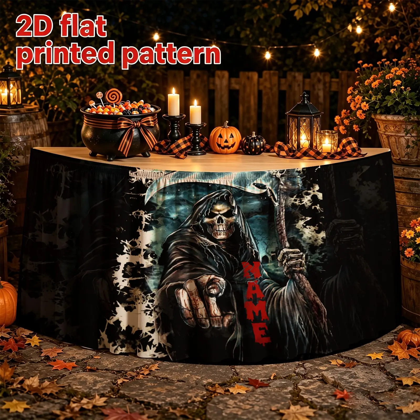 Halloween Christmas pie 1 table dress, scary death holding a scythe, red text, dark atmosphere background