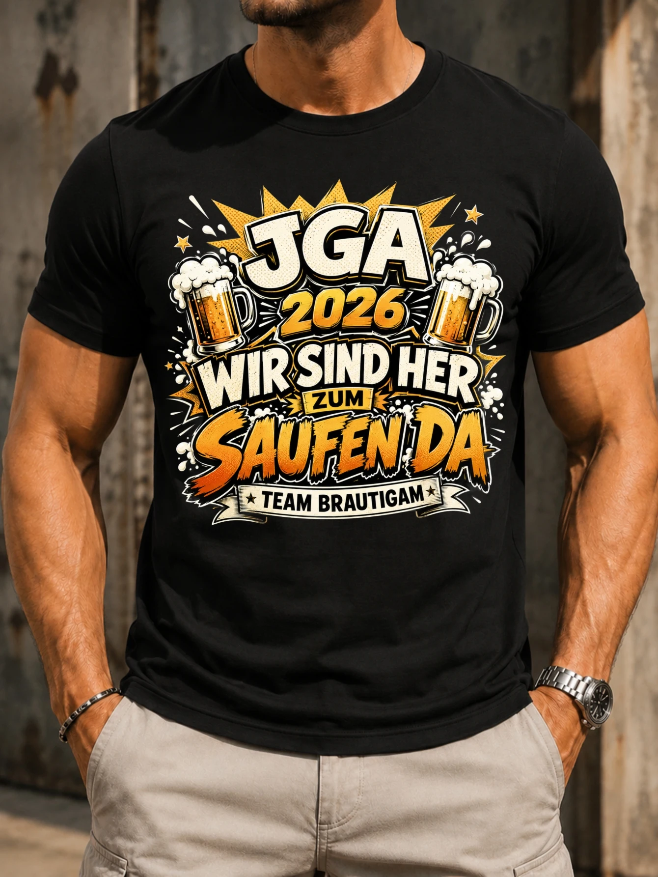 JGA 2026 Wir Sind Her Zum Saufen Da  comic burst beer  orange  bold bachelor party style Unisex All  Unisex All T-Shirt