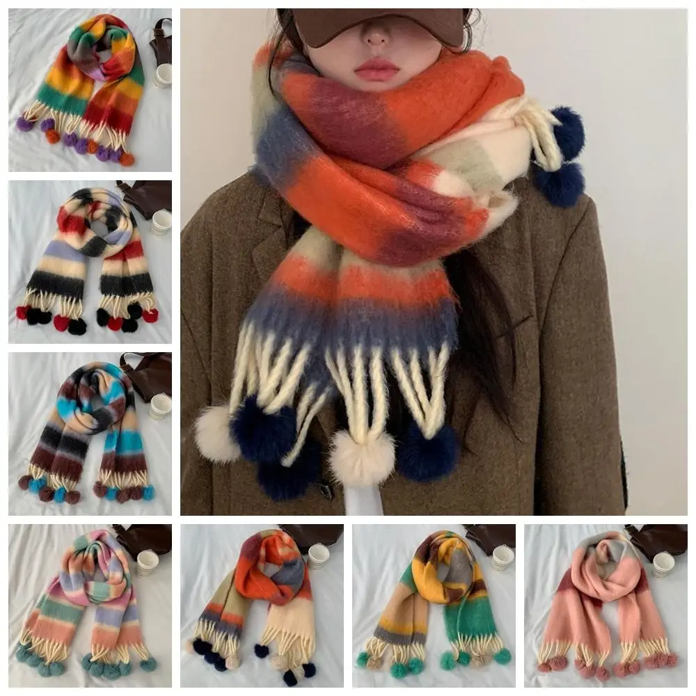 New Tassel Rainbow Striped Scarf Women Knitted Plaid Scarf Thicken Warm Cashmere Shawl Wool Scarves Female Winter Fashion Scarf