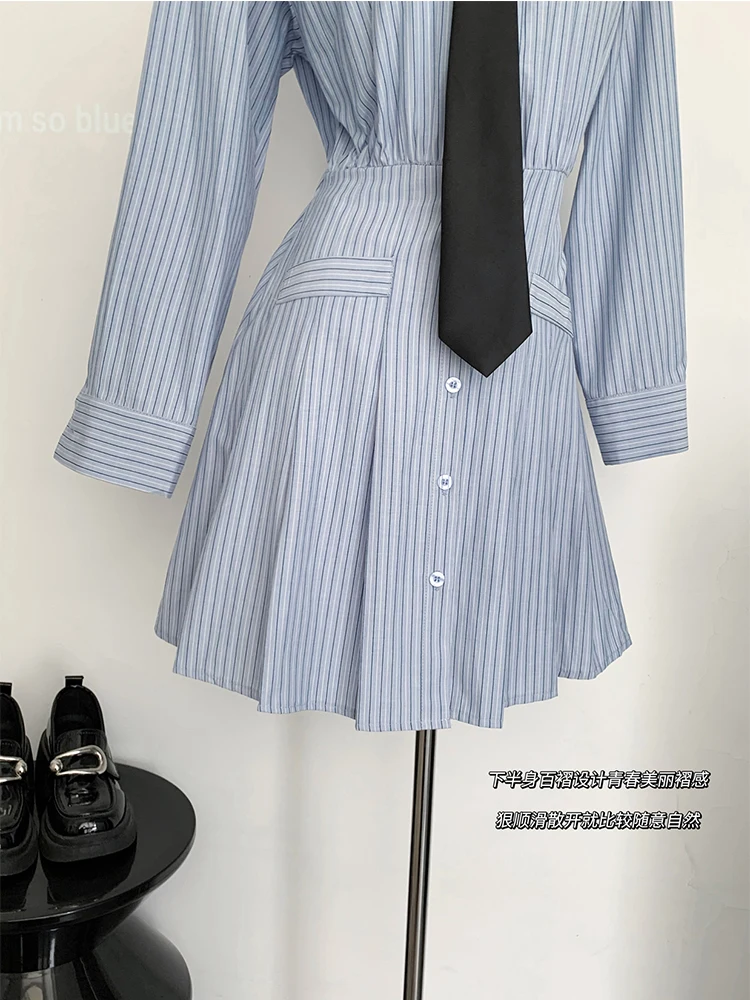 Autumn Korean Preppy Style Striped Shirt Dress With Tie Women 2000s Aesthetic Pleated Frocks Long Sleeve One-Piece Party Y2k New