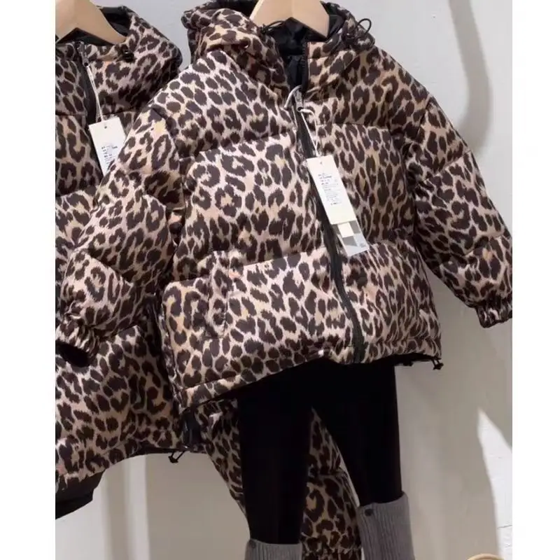 Teenager Leopard Print Cotton Padded Clothing Big Girls Winter Coat for Kids Boys Hooded Reversible Jacket Warm Thick Outerwear