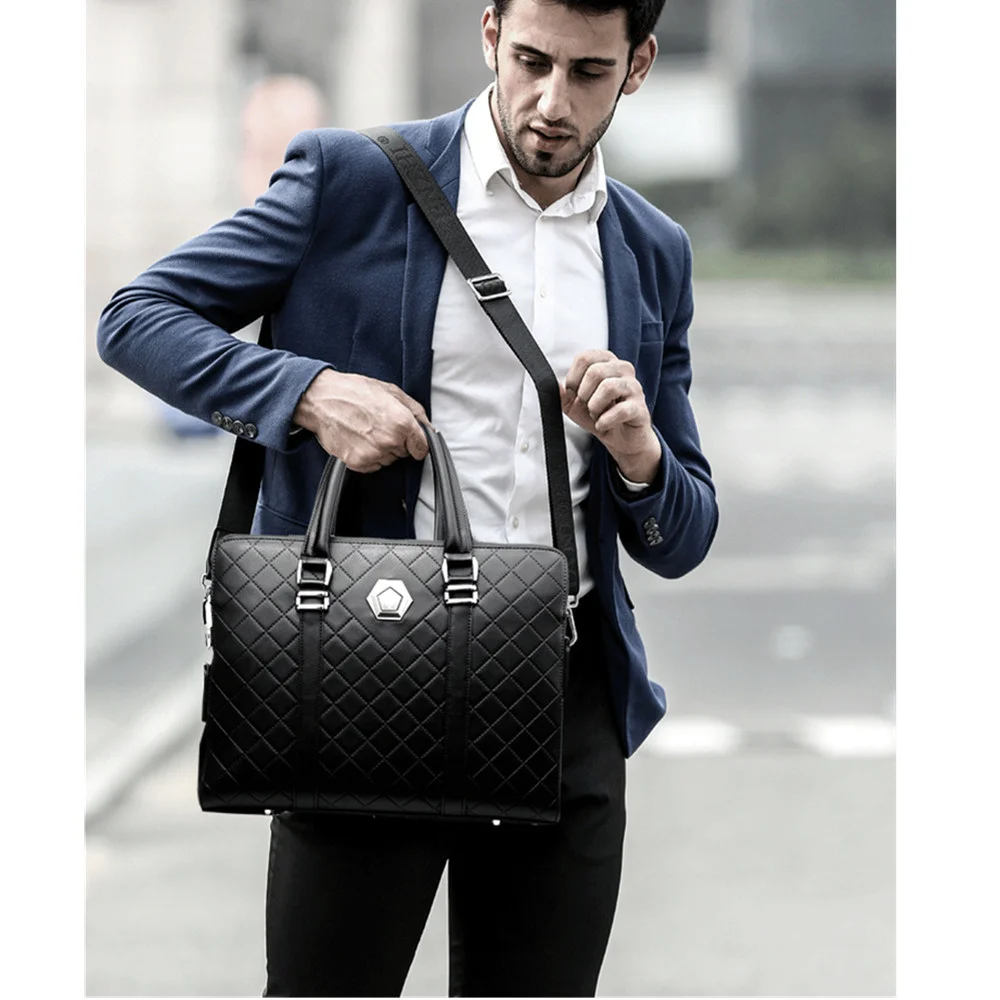 Men Business Briefcase Leather Handbag New Design Coded Lock Shoulder Crossbody Bag Male Messenger Double Layers Anti-theft Bags