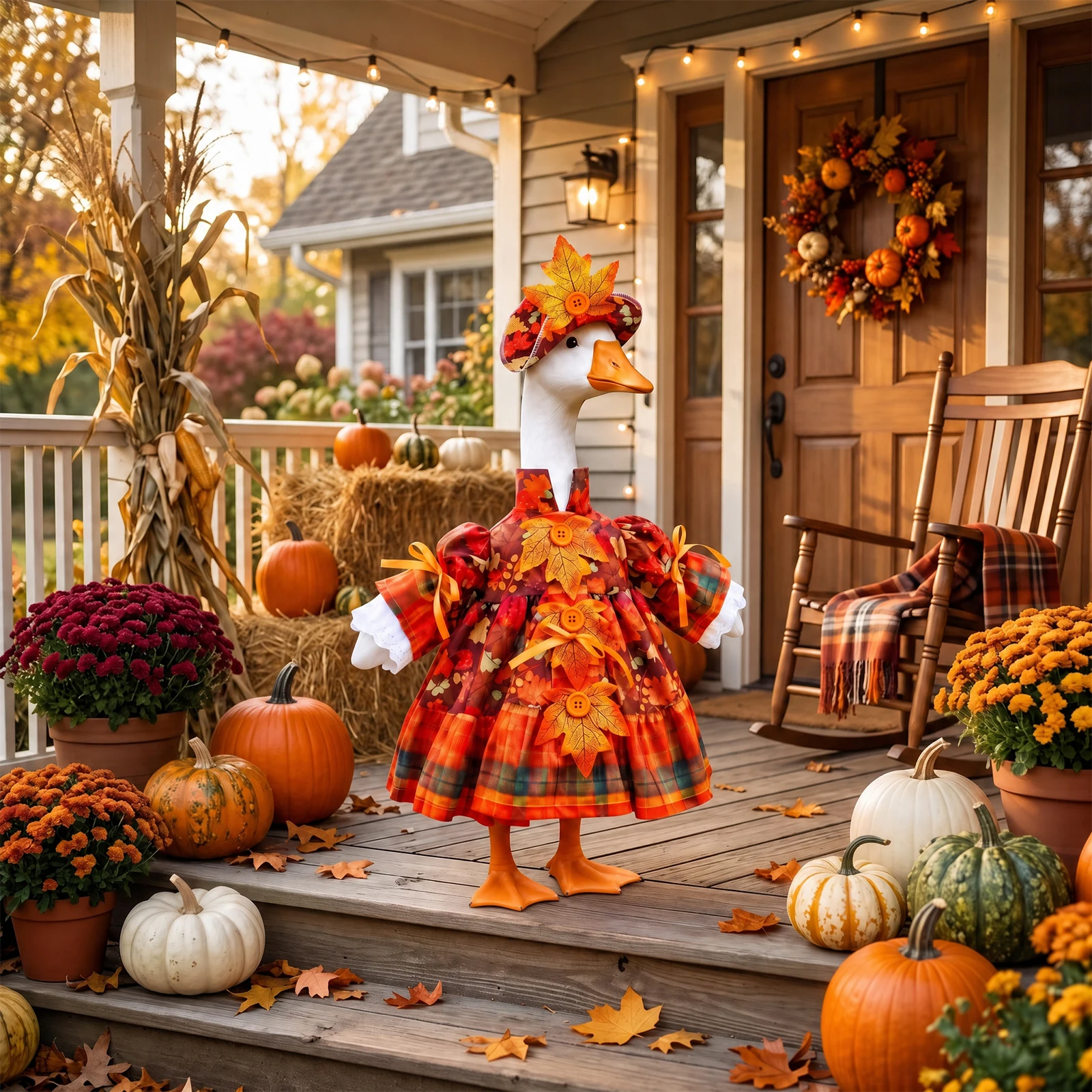 Porch Goose Outfit Autumn Maple Leaves Style 23 Inch Lawn Cement Plastic Goose Costume Decorative Garden Statue Dress Up Clothes