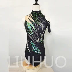 LIUHUO Customized Rhythmic Gymnastics Leotards Girls Women Green Printing Rhinestone Dance Wear Competition Unitards BD3194