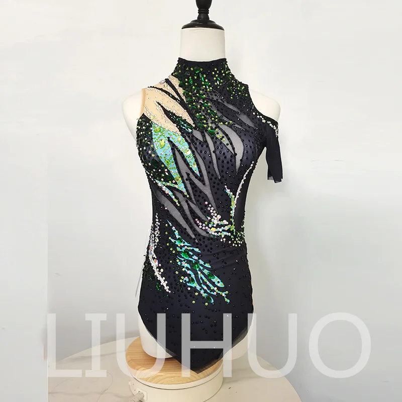 LIUHUO Customized Rhythmic Gymnastics Leotards Girls Women Green Printing Rhinestone Dance Wear Competition Unitards BD3194
