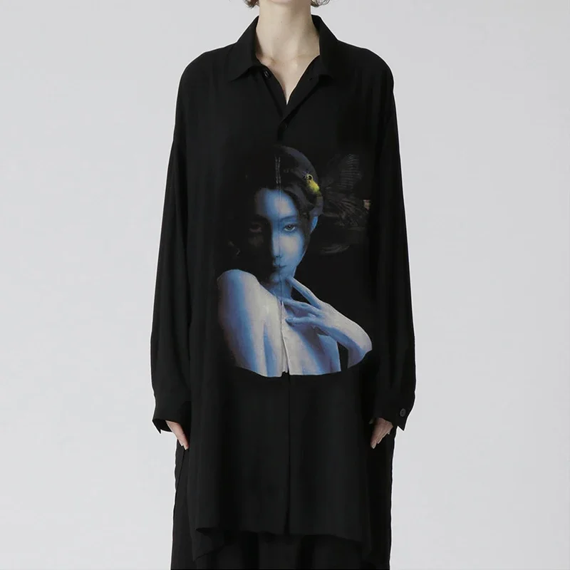 

YOJI OOAK, оригинальный дизайн, рубашка Uchida Bird с принтом Wheel of Fate, свободная черная рубашка средней длины с длинными рукавами