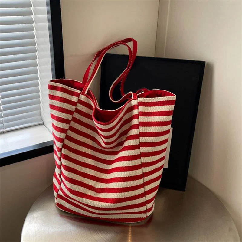 Red Striped Canvas Shoulder Bag Handbag Korean Style Travel Beach Bag Double-sided Shopping Tote Bags Girl Underarm Bag