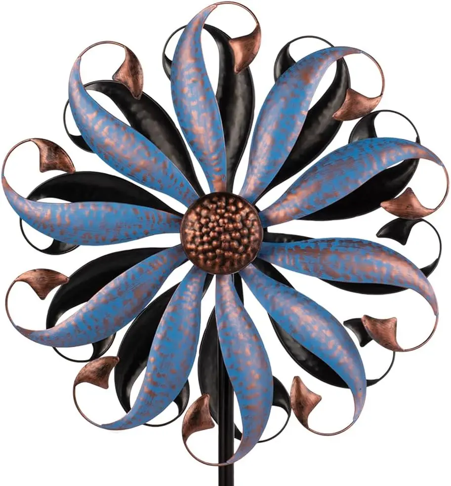 

Metal Wind Spinner with Flower Design for Outdoor Garden Decor, Dark Blue Kinetic Yard Art