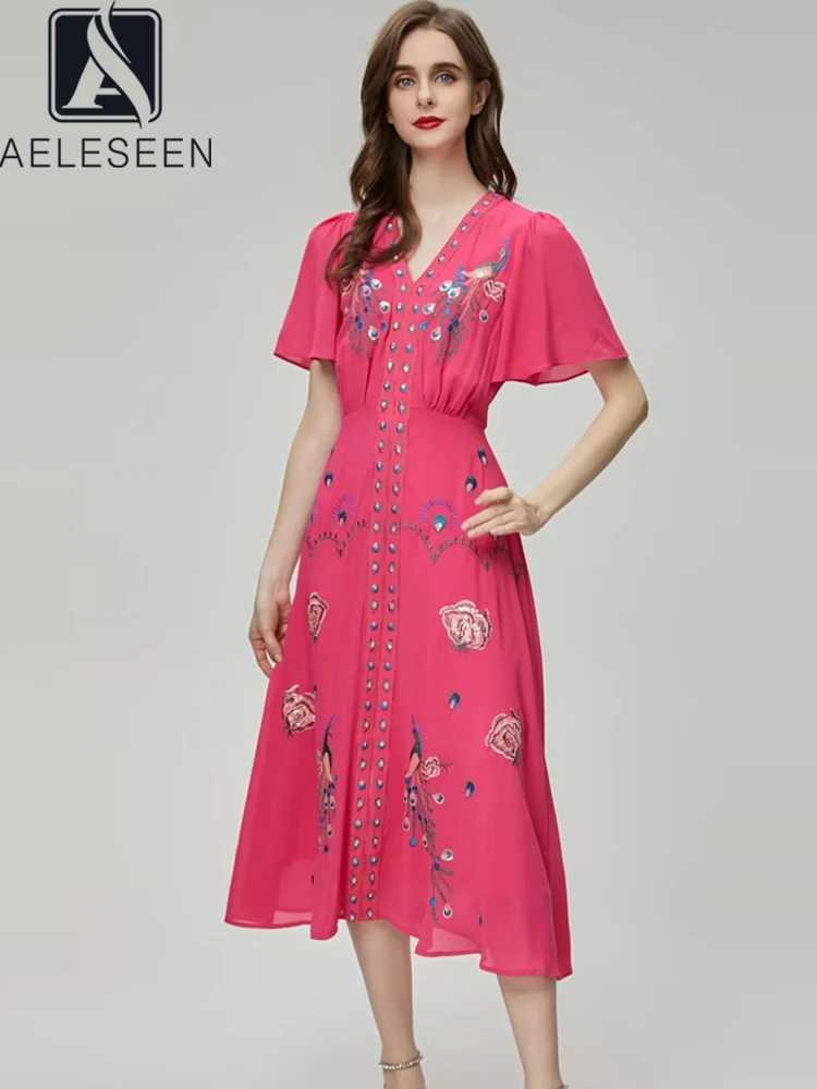 

AELESEEN Women Summer Rose Red Dress Flare Sleeve V-Neck Animal Flower Embroidery Sequined Elegant Long Party Female