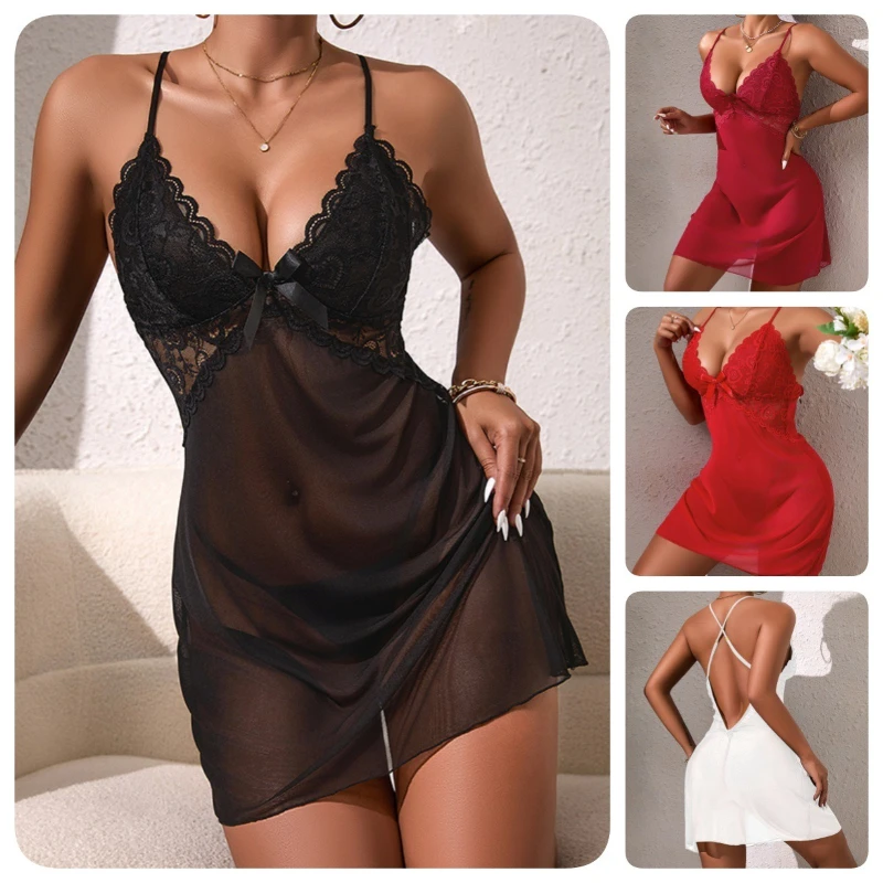 

Lace Patchwork Low Cut Private Room Pure Desire Style Sexy Slit Comfortable Ice Feeling Mesh Backless Romantic Nightgown