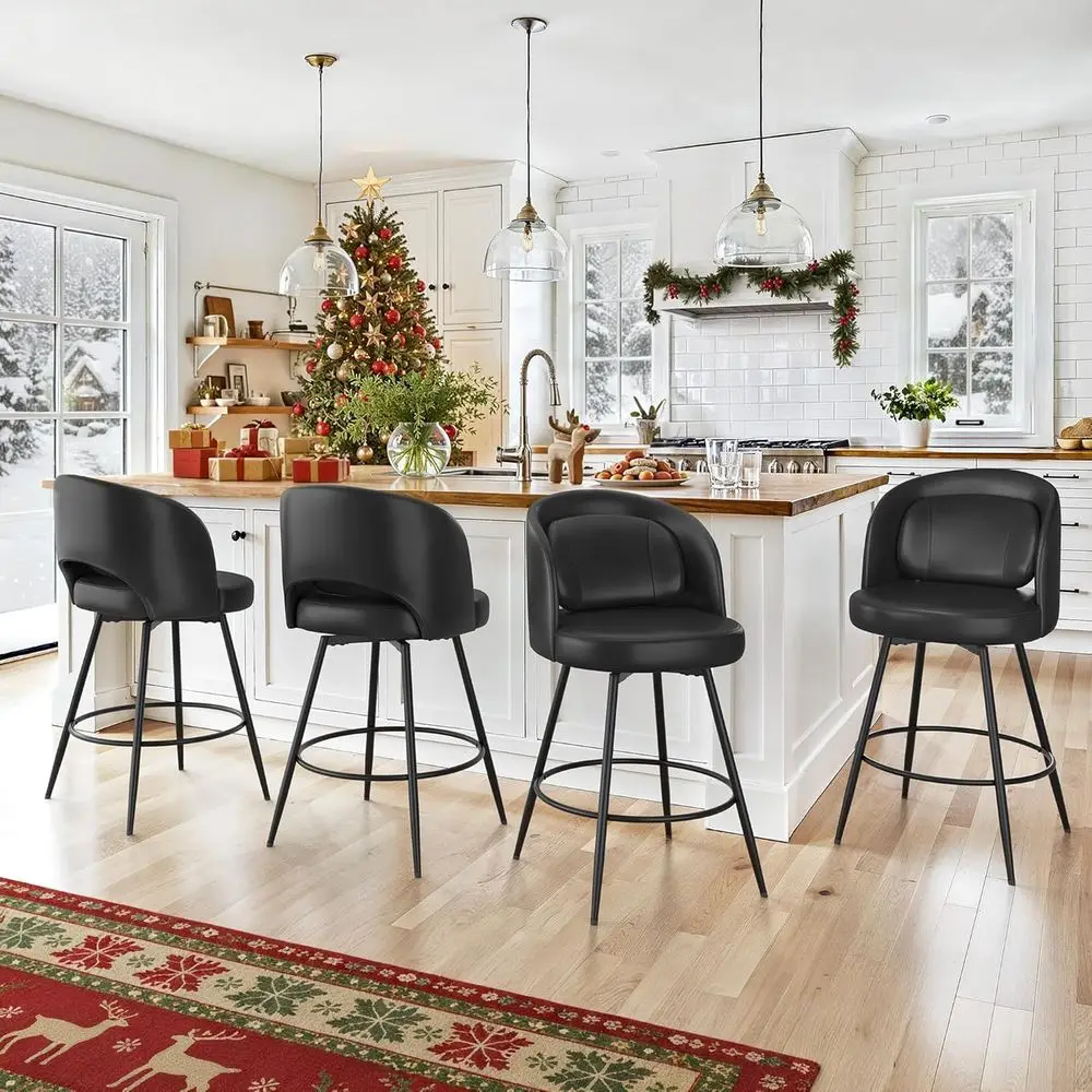 

Набор из 4 вращающихся барных стульев высотой 26 часов со спинками, поясничной опорой, черный металл, обитый кожзаменитель, черный