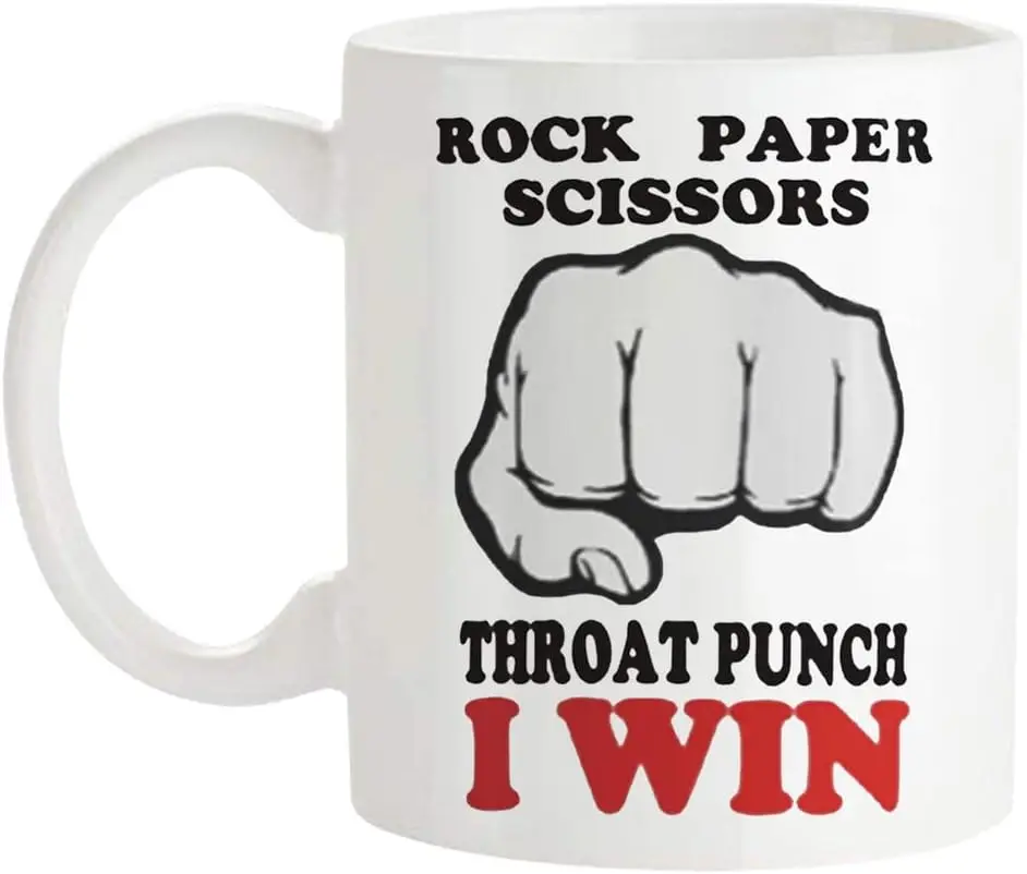 Rock Paper Scissors Mug, Rock Paper Scissors Throat Punch I Win, 11 Oz Novelty Coffee Mug/Cup, White