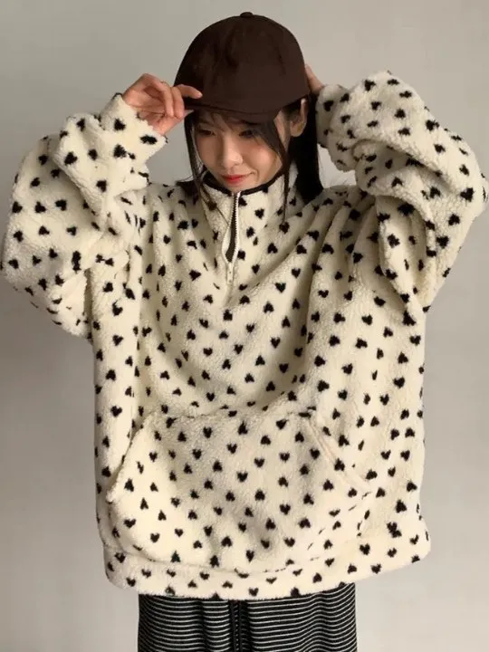 Inverno Vintage Dolce Cuore Giovane Look Colletto alla coreana f Zip Allentato Versatile Felpa pelosa Donna Coreana Sle Lazy Top