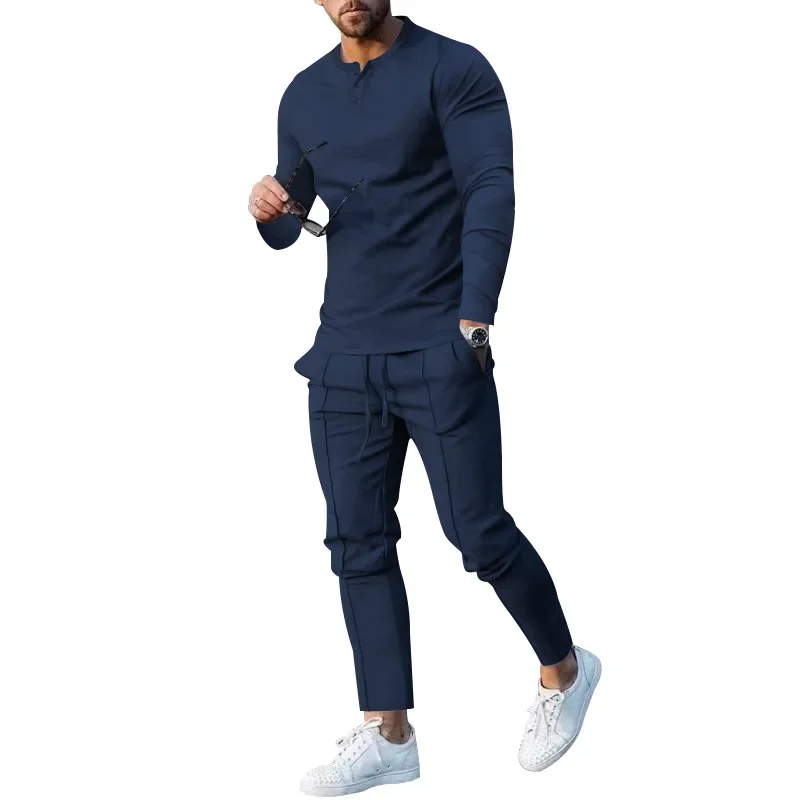 Spring and Autumn Men's New Style Suit Round Collar Long Sleeve T-shirt Casual Movement Long Pants Comfort Outdoors Fashion Suit