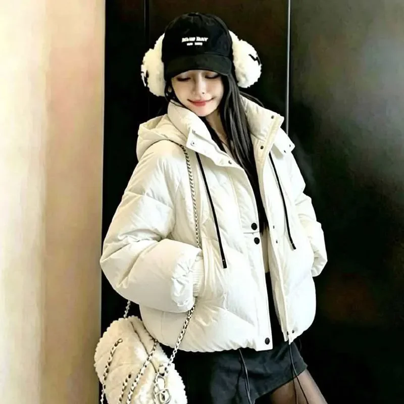 Women Short Puffer Jacket Hood Drawstring Warm Thick Winter Coat Loose Bubble Parka Windproof Outerwear For Ladies Daily Wear