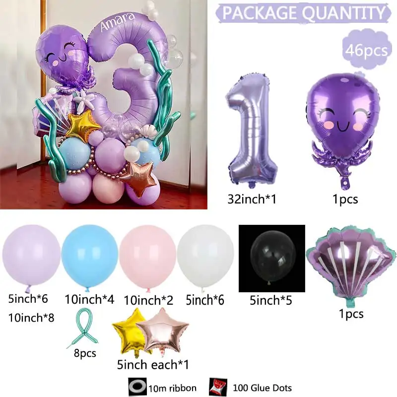 46pcs Purple Ocean Theme Balloon Octopus Shell Number Balloon Set Children's Baptismal Supplies Birthday Party Decoration