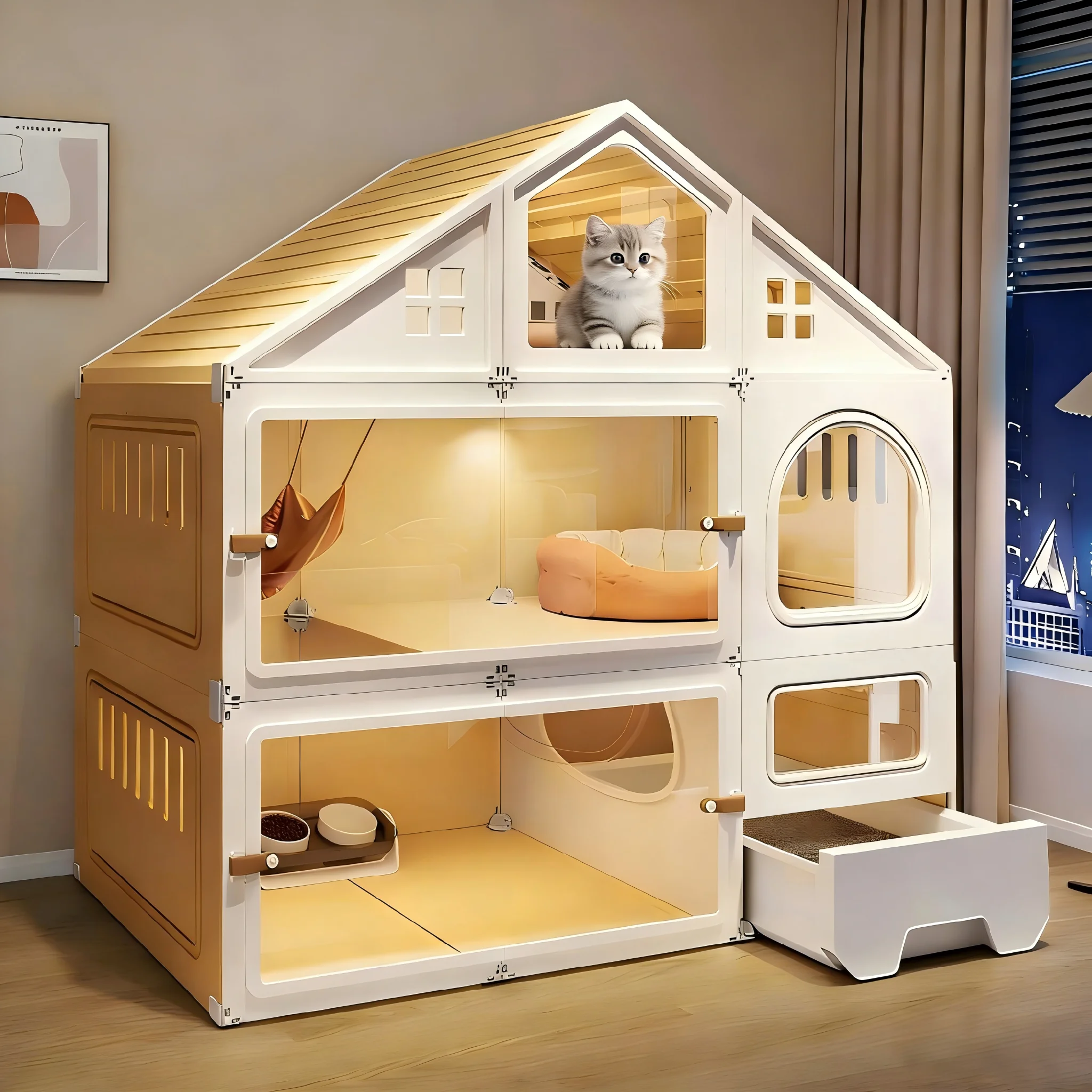 

Cat Villa Large Free Space Cage with Litter Box Nest One Room, One Living Room and One Bathroom New House